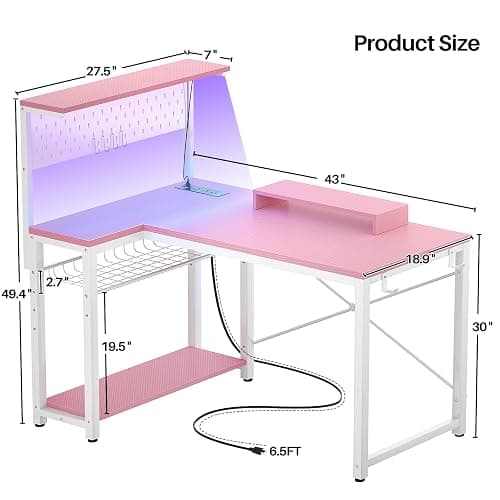 Homieasy Small Gaming Desk with Power Outlets Pegboard LED Light, 43 Inch L Shaped Computer Desk with Monitor Stand Storage Shelves, Reversible Corner Desk with Headset Hooks, Carbon Pink - Carbon Fiber Pink - 43 inch thumbnail 3