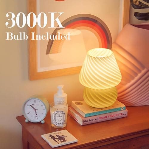 ONEWISH Mushroom Lamp-Small Bedside Table Lamp with Striped Glass, Nightstand Night Light for Bedroom Living Room, 3000K 6.5W Bulb Included, for Christmas Day, Creamy Yellow thumbnail 3