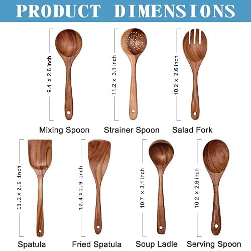 Wooden Non-Stick Kitchen Pan Toolset 7 Pieces Set,100% Natural Teak Kitchen Utensils Spatula, Wooden Cooking Utensils Spoons, Fried Spatula and Salad Fork thumbnail 3