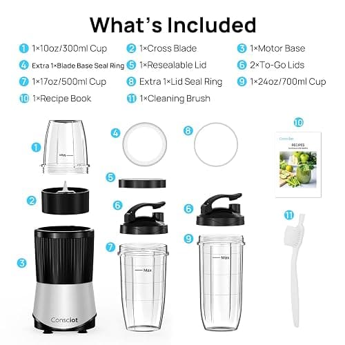 Consciot CB08 11-Piece Blender for Kitchen and Personal Size, Blend Shakes and Smoothies, Frozen Drinks, Baby Food, Spreads & More, 3 Portable To-Go Cups & 2 Spout Lids & 1 Solid Lid, 900 Peak Watts thumbnail 8