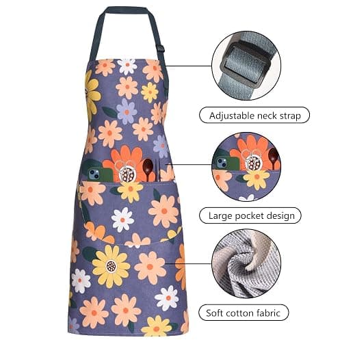 ARBINSON 2 Pack Floral Apron for Women with Pockets, Adjustable Cotton Chef Aprons for Kitchen, Cooking, BBQ & Grill thumbnail 3