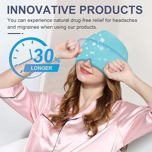 EXQUISLIFE Migraine Headache Relief Cap, Gel Ice Head Wrap, Hot and Cold Therapy, Headache Eyes Mask for Sinus, Puffy Eyes, Tension and Stress Relief (Blue) thumbnail 2