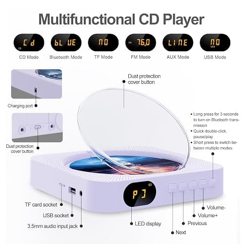 MICOCIOUS Portable CD Player with Bluetooth Desktop CD Player for Home CD Music Players with Remote Control,Timer,Built-in Dual Speakers with LED Display Home Audio Boombox FM Radio (Purple) thumbnail 6