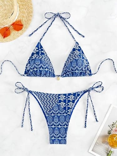 Tainehs Women's Sexy Halter Bikini Set Triangle Top String Swimwear Two Piece Swimsuits Cheeky Bathing Suit thumbnail 4