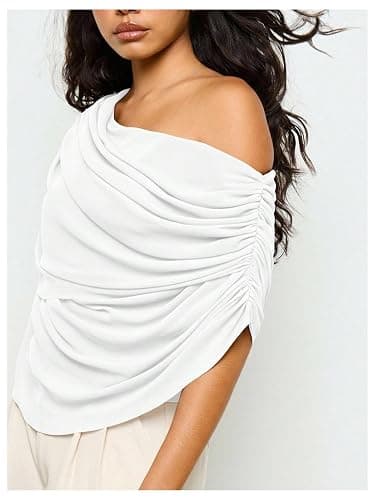 Milumia Women's Off The Shoulder Ruched Mesh Top Draped Asymmetrical Short Sleeve T Shirts thumbnail 4