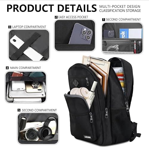 LIECDRO Black Backpack for Men, School Backpack for Boys Teens,15.6 inch Laptop Back Pack with Reinforced Straps, Backpacks for School Business Work College Travel, College Book Bag, Bookbag thumbnail 2