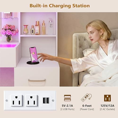 HUAHUU Vanity Desk with Mirror and Lights 3 Colors, 43.3" Makeup Vanity with Glass Top & RGB Light, White Vanity Table Set with Stool, 5 Drawers & Power Outlet for Bedroom Dressing Room thumbnail 7
