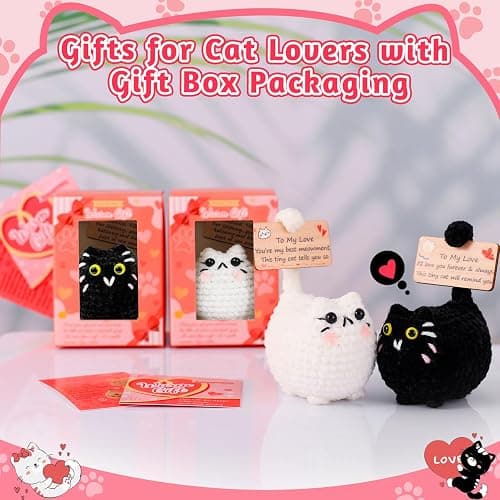 Cute Positive Crochet Cat Valentines Day Emotional Support Cat Couple,Cats Lovers Gifts for Women Mom Sisters Friends Birthday,Handmade Plush Inspirational Positive Crochet Animals with Gift Box thumbnail 2