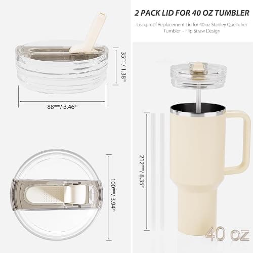 CeleVista 2 Pack Replacement Lid for Stanley 40 oz Quencher H2.0 & ProTour, Flip Straw Tumbler Lid for Stanley Cup, Leakproof, No Spill & Easy to Use Reusable Tumbler Cover (Cream) thumbnail 3