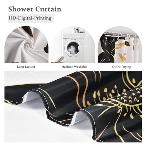 Yanutan Black Flower Shower Curtain, Black Dark Floral Gold Leaves Shower Curtain Set for Bathroom, Natural Plants Fabric Bath Curtain with Hooks, 72x72in thumbnail 3