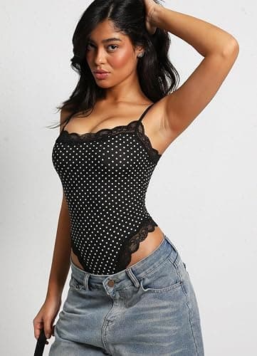 Navneet Body Suits Women Lace Bodysuit Square Neck Spaghetti Strap Tank Tops Going Out Sexy Coquette Outfit thumbnail 4