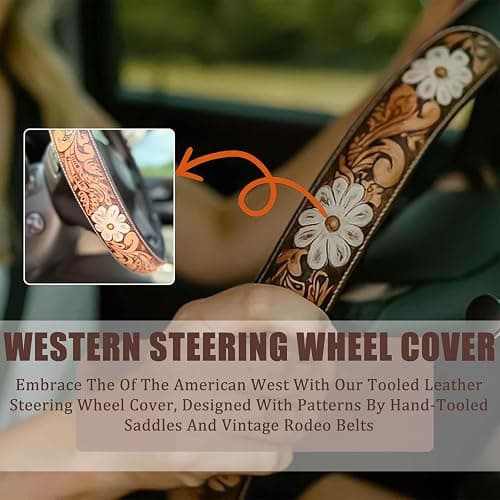 Western Leather Steering Wheel Cover - Retro Western Cowboy Handcrafted Tooled Leather, Anti Slip Universal, Auto Interiors Accessories, Breathable for Suvs,Trucks (C) thumbnail 3