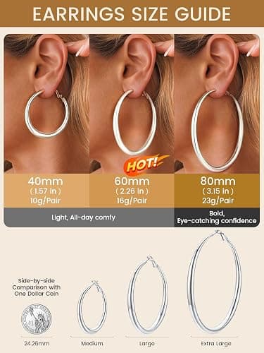 KeyStyle Chunky Hoop Earrings for Women, Large Silver Stainless Steel Hoops Earring Lightweight Loops, 14K Gold Thick Hypoallergenic Circle Ear Comfort Hoop Jewelry(40/60/80mm) thumbnail 8