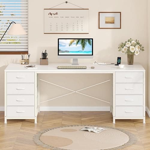 YOMILUVE 60 Inch Computer Desk with 8 Drawers, Home Office Desk with Power Outlets, Work Study Gaming Desk with 8 Fabric Drawers thumbnail 8