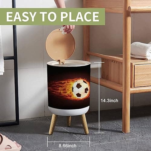 IBPNKFAZ89 Small Trash Can with Lid Soccer Ball in Fire Isolated on Black Garbage Bin Wood Waste Bin Press Cover Round Wastebasket for Bathroom Bedroom Office Kitchen thumbnail 3