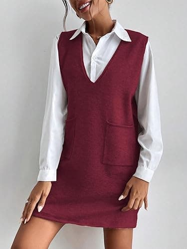 OYOANGLE Women's V Neck Sleeveless Knitted Solid Short Sweater Dress with Pockets thumbnail 4