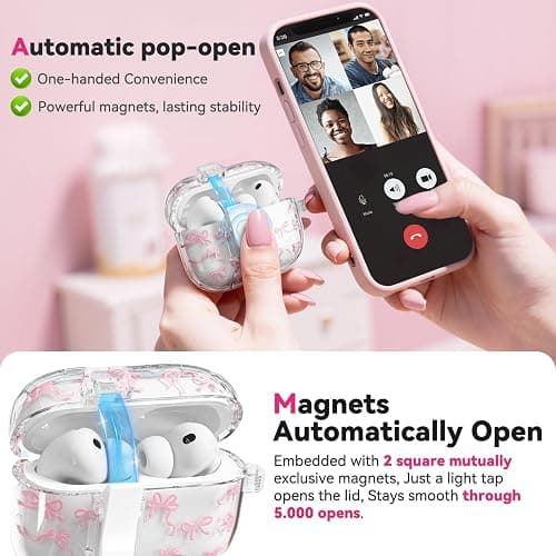 for AirPods Pro 3 Case with Secure Lock & Phone Stand, Bow-Print Clear Case for Apple AirPods Pro 3rd Generation 2025 Cover with Cleaner Keychain for Women Girly, Pink, Auto-Open Lid thumbnail 5
