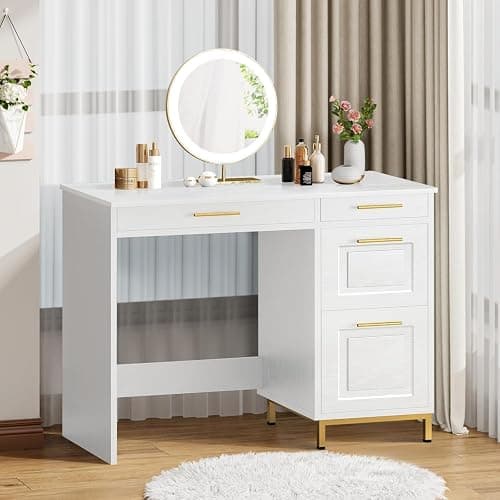 4 EVER WINNER White Desk with Drawers and Golden Handles, 43" Home Office Desks with Drawers, Computer Wrighting Table with Storage for Bedroom, White and Gold Desk thumbnail 5