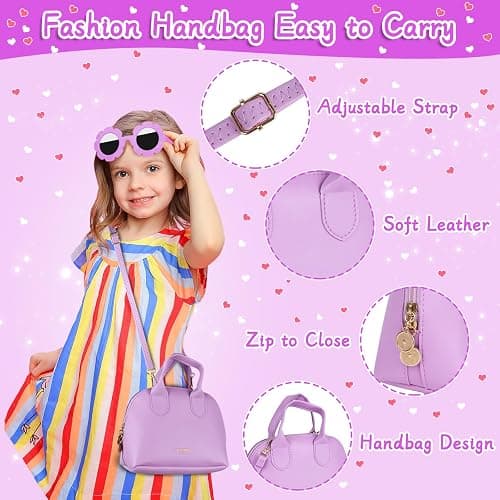 Kids Purple Play Purse Set for Little Girls 3-5 with Wallet Accessories | My First Pretend Handbag with Sunglasses, Cards, Interactive Keys, Smartphone and Fake Money Makeup Set thumbnail 3
