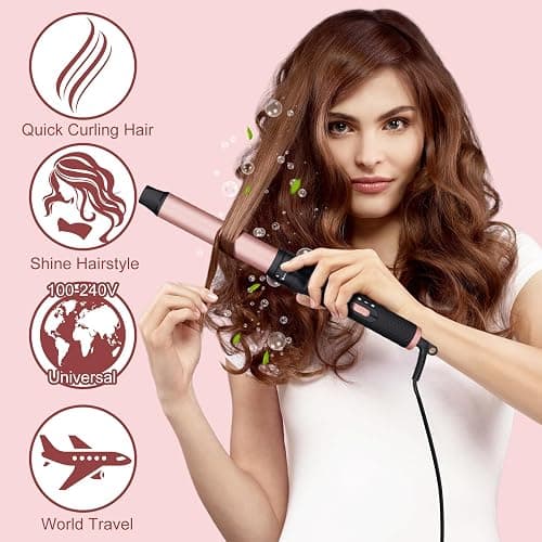 Curling Wand 3 in 1 Hair Curler Ceramic Curling Tongs Iron Set | Long Thick Thin Hair Interchangeable Barrels Beach Waves Styling Tools with Glove Rose Gold thumbnail 6
