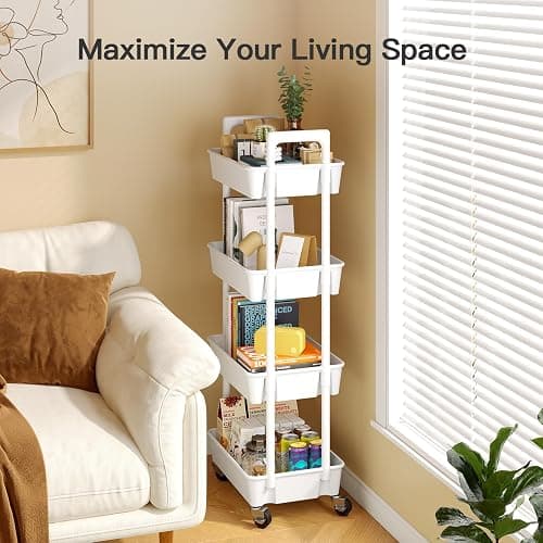 Pipishell 4 Tier Rolling Cart Organizer, Plastic Rolling Cart with Lockable Wheels & Reinforced Handle, Lightweight Utility Storage Cart for Nursery, Kitchen, Craft Room, White thumbnail 6