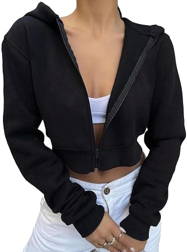 Remidoo Women's Zip Up Cropped Hoodie Crop Top Sweatshirt Drawstring Long Sleeve Jacket thumbnail 5