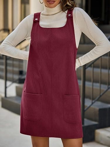 Yousify Womens Corduroy Overall Dress Square Neck A Line Jumper Mini Dresses Casual Sleeveless Rompers with Pockets thumbnail 2