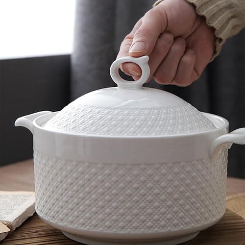 Hgjgwqh White Ceramic Round Tureen Round Porcelain Serving Soup Tureen, Heat-Resistant Premium Ceramic Bowls Lid Cooking Soup for Restaurant Home Kitchen Decoration, White Porcelain,9inch thumbnail 5