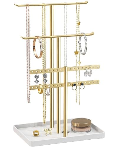 Organisateur de Support à Bijoux à 3 Niveaux - Support Solide pour 80 Pièces de Bijoux - Porte-Bijoux Doré - Porte-Bijoux pour Colliers, Boucles d'oreilles, Bracelets, Bagues - Cadeau pour Femmes - Image 1