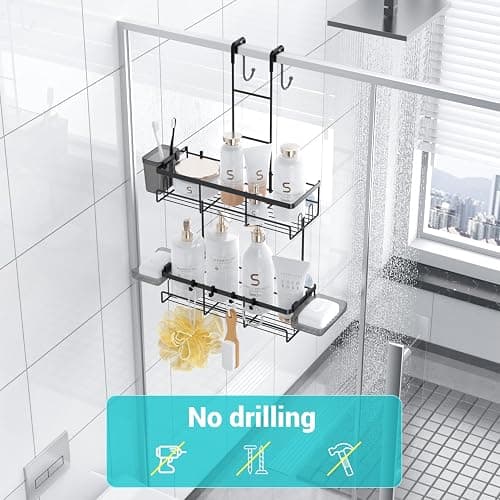 Aitatty Over the Door Shower Caddy Hanging: Black Rustproof Shower Organizer over the Door - No Drilling Bathroom Rack for Inside thumbnail 5