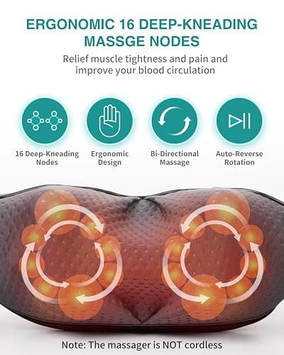 Nekteck Neck Back Massager with Heat, Cordless Shiatsu Shoulder Massager for Pain Relief Deep Tissue, Electric 3D Kneading Massage Pillow for Body Muscle, Gifts for Men Women Dad Mom thumbnail 2