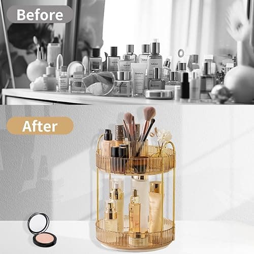 Asayuee 360 Rotating Makeup Organizer,2 Tier Large Capacity Make Up Organizers and Storage,Skincare Perfume Vanity Organizers,Bathroom Cosmetics Storage Organizer Countertop(Gold) thumbnail 5