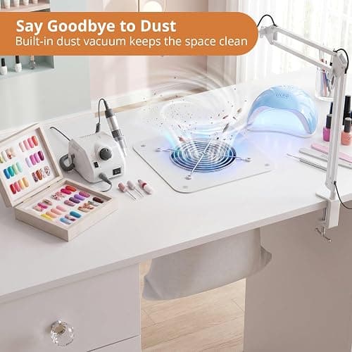 VOWNER Manicure Table Nail Tech Desk with Dust Collector & Storage Drawers | Acetone-Resistant Nail Table, Beauty Salon Station with Dust Bags & Cabinet, Rolling Nail Desk with Lockable Wheels, White thumbnail 3