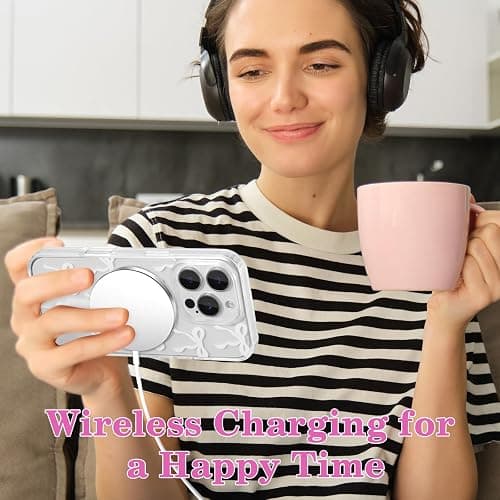 UEEBAI Magnetic for iPhone 14 Pro Max Case, Bow Case Compatible with MagSafe, Wireless Slim Clear Ribbon Aesthetic Phone Cover Anti-Yellowing Shockproof Protective Cover for Women Girl - White thumbnail 6
