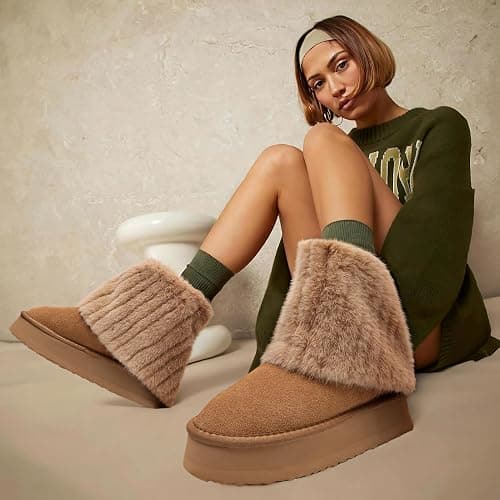 Pasuot Women's Beige Platform Fur Boots - Genuine Cow Suede, Faux Fur, Winter, Ankle-High, Casual, Anti-slip Sole, Pull-On, Round Toe, Bootie - 7.5 - Chestnut thumbnail 3