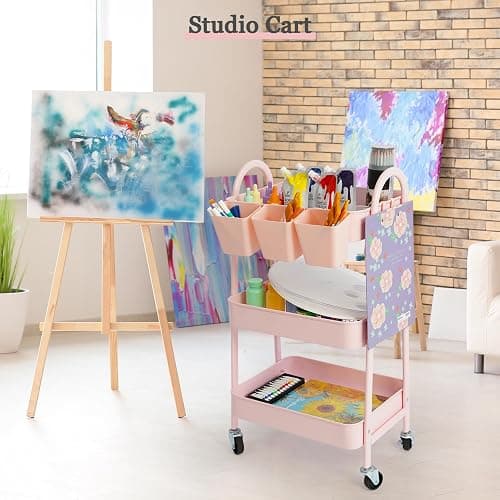 danpinera 3-Tier Rolling Cart, Utility Cart Mobile Metal Rolling Storage Cart with Lockable Wheels & Hanging Cups & Hooks for Kitchen, Bathroom, Office, Workshop, Pink thumbnail 2