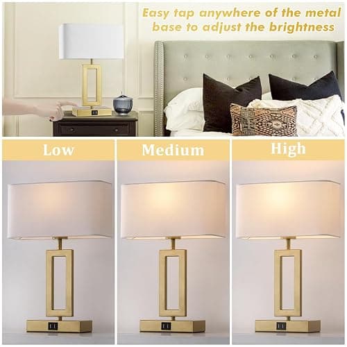 gernehop Gold Table Lamps Set of 2 with Dual USB Ports,3-Way Dimmable Touch Control Bedside Lamps,Modern Bedroom Table Lamp for Living Room,Nightstand LED Bulbs Included thumbnail 2