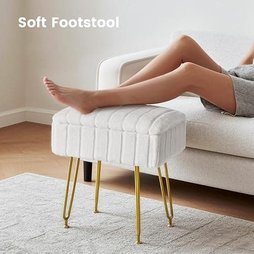 FUXA Vanity Stool Chair with Storage, White Faux Fur Makeup Chair with 4 Metal Legs and Anti-Slip Feet, Soft Padded Seat, Small Footrest Footstool Ottoman, Multifunctional Stool for Bedroom thumbnail 6