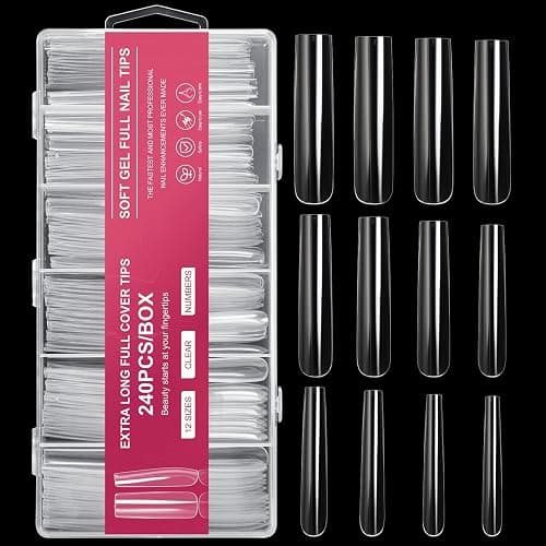 AORAEM Extra Long Square Full Cover Nail Tips 240PCS XXXL Clear Full Cover Fake Nails False Nails 12 Sizes Tapered Square Press on Fake Nail Tips for Acrylic Nails Salons Home DIY with Box thumbnail 8