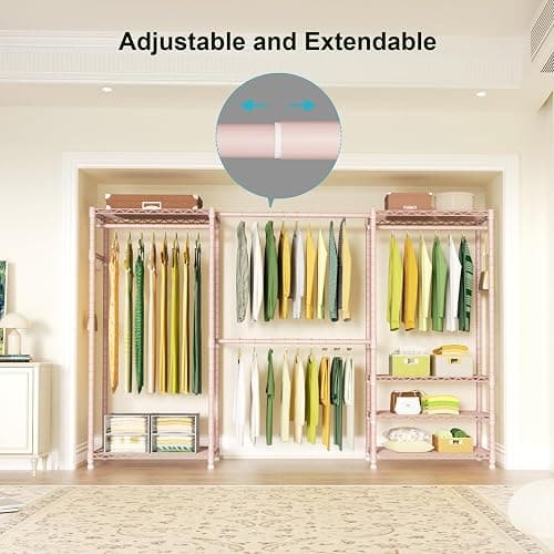 Ulif E1 Heavy Duty Closet Garment Rack, 6 Tiers Adjustable Metal Freestanding Expandable Clothing Storage with 4 Hanger Rods, Easy to Assemble Wardrobe, 71.4" H x (70" - 88.2") L x 14" D, Pink thumbnail 4