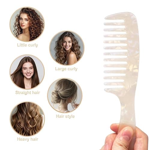 Large Wide Tooth Hair Comb, LADYAMZ [Tortoise Shell] Cellulose Acetate Round Tooth Comb for Straight/Curly Hair,Short/Long Hair Women Men or Kids, Easy Detangling Wet or Dry, Anti-static (White) thumbnail 4