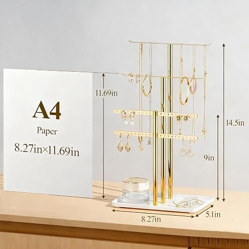 pickpiff Jewelry Stand Holder Organizer: 14.5" Sturdy Hanger for 80 Pcs Jewelry, Jewlery Tower for Display Necklace, Earring, Bracelet, Watch, Mirrored Gold thumbnail 2