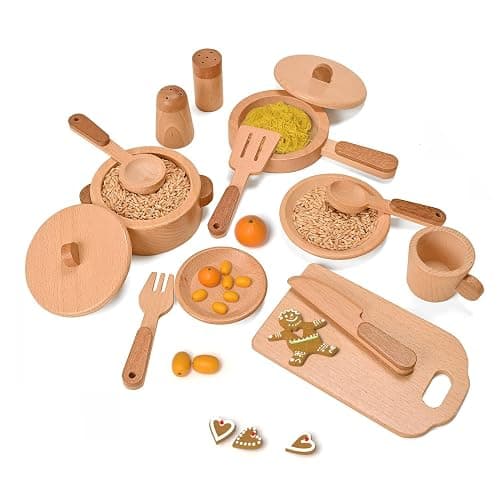 MONT PLEASANT Play Kitchen Accessories Montessori Wooden Toys | Kids Kitchen Set Cookware Plates Dishes Pots Pans Cooking Playset 15pcs Sensory Toys for Toddlers Girls Boys With Storage Bag thumbnail 7