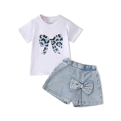 Azmxynol kid Young Girl Clothes Outfits Cute Sweet Bowknot Print T-Shirt + Bowknot 2 In 1 Denim Short Summer Clothing Set - Image 1
