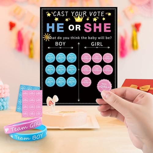 93 Pcs Gender Reveal Party Deko, Geschlecht Verkünden 1 Stück Abstimmung Poster 72 Stück Offenbaren Aufkleber 20 Pcs Team Girl or Boy Deko Silikon Armbänder für Gender Reveal Baby Shower Party - 93pcs thumbnail 2