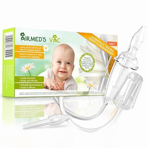 Airmed's Vac Nasal Aspirator Baby. CLINICALLY TESTED, SAFE and GENTLE. Baby nose sucker with 2 suction heads and cleaning brush. Safe and gentle baby nasal aspirator with strength of a vacuum cleaner - Image 1