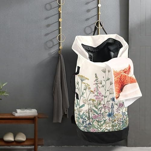 Flower Leaves Beige Laundry Bag Backpack Dirty Clothes Organizer With Strap and Handles Washable for College Travel Camp Dorm Essentials thumbnail 2