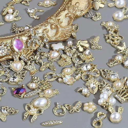 Dornail 50 Stück Gold Nail Charms,Mix Styles Glitzersteine Nägel Perle Legierung Nagel Steine Blume Schmetterling Strasssteine Nägel Herz Stern Nagel Charms DIY Nail Art Zubehör Frauen nägel Deko thumbnail 7
