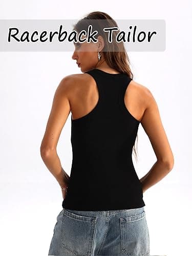Danysu Racerback Tank Tops with Built in Bra for Women High Neck Ribbed Basics Fitted Long Bra Tanks thumbnail 5
