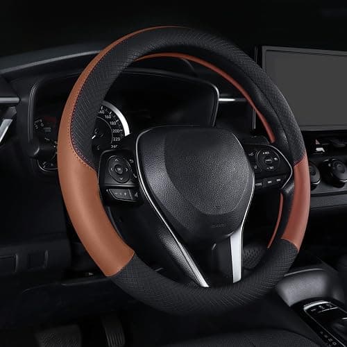 Follicomfy Auto Car Genuine Leather Steering Wheel Cover Anti Slip Wrap 15" (Brown) - Image 1